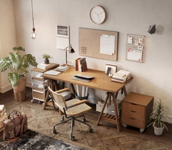 organized wooden study desk area